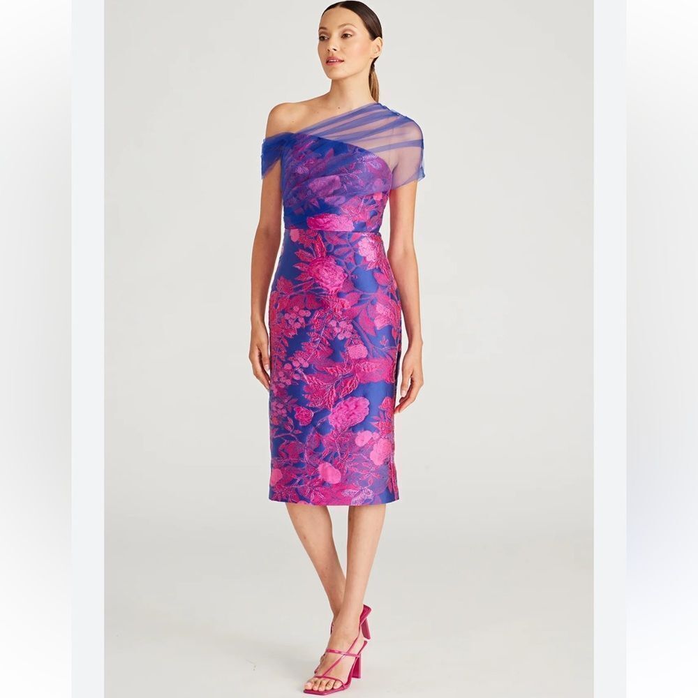 Theia Ruth Floral Jacquard One-Shoulder Midi Dress, a celebrity-favorite
